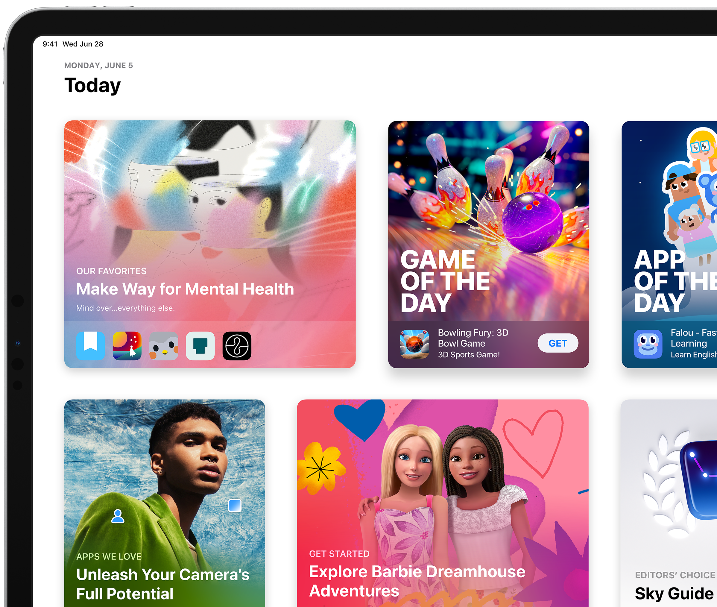 App Storeでのデベロッパのストーリーやコレクションの例を表示しているiPad。