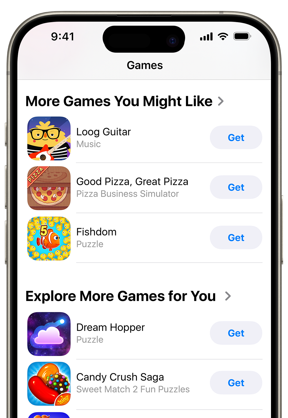 App Storeでの「あなたにおすすめのゲーム」や「その他のおすすめゲーム」などのパーソナライズされたおすすめの表示のされ方を示しているiPhone。