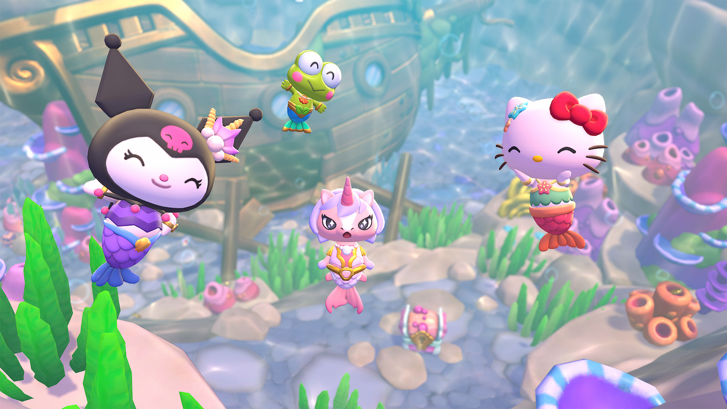 A screenshot from Hello Kitty Island Adventure, showing the colorful animated characters Kuromi, Kerropi, Hello Kitty, and a player's custom avatar floating in an underwater scene above a sunken ship and an array of colorful sea life.