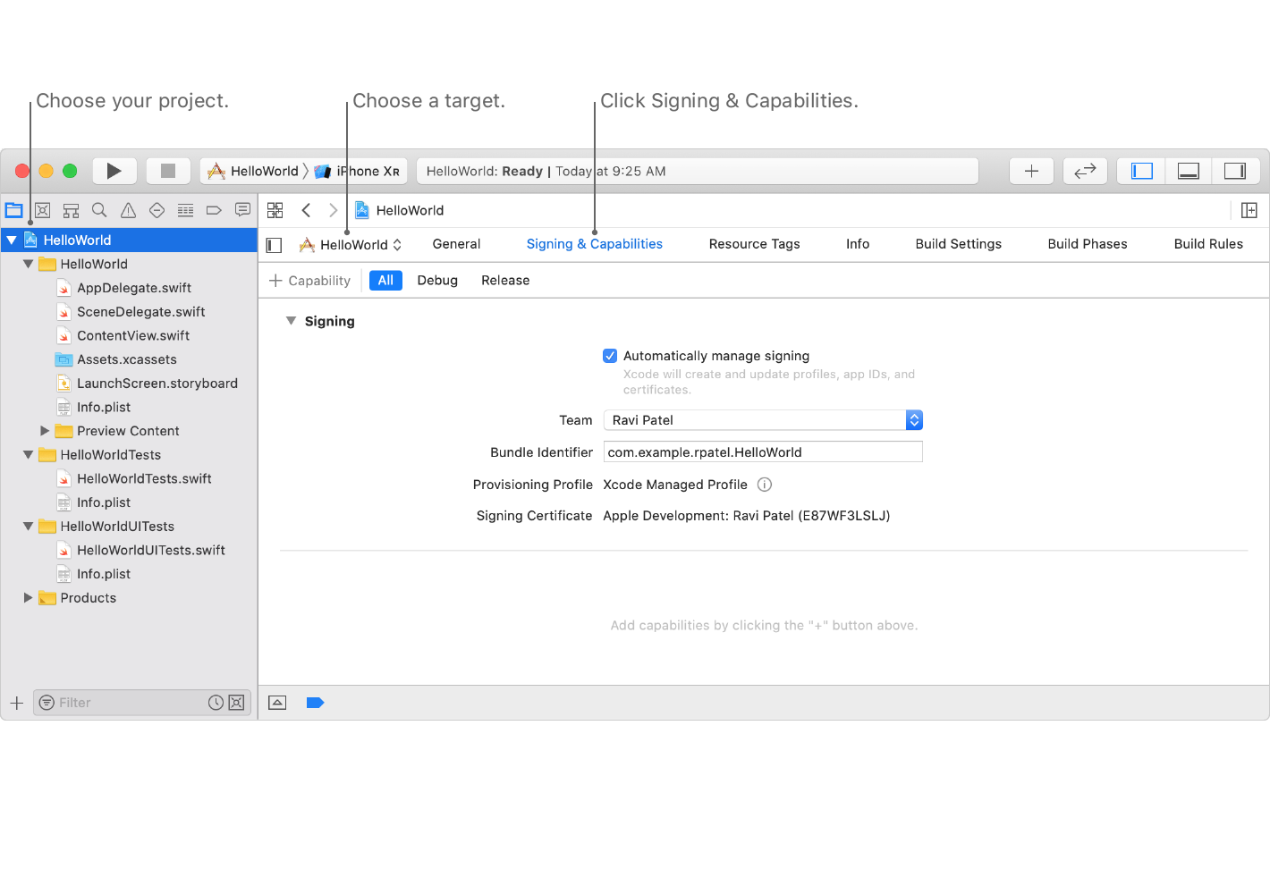 截屏中显示了“Signing & Capabilities”(签名和功能) 面板,从该面板你可以选取项目和目标,并可点按来显示该面板。