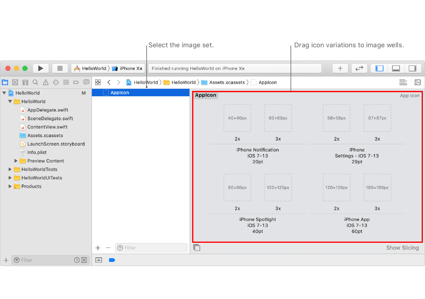 截屏中显示了一个 iOS App 的 AppIcon 图像集,你可以将 App 图标的各种变体拖入这里的空槽中。