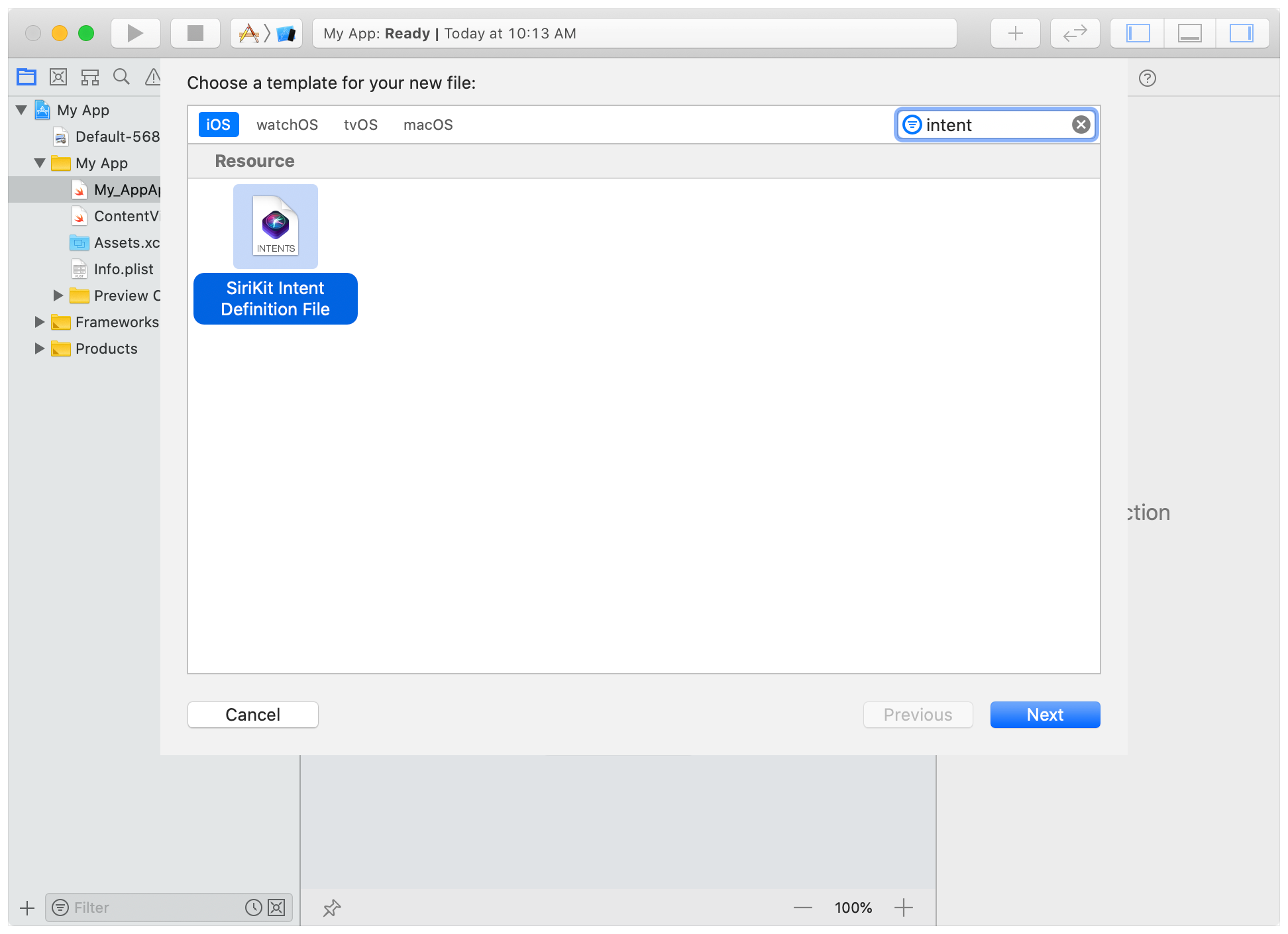 截屏显示了 Xcode 的新建文件表单,其中“SiriKit Intent Definition File” (SiriKit 意图定义文件) 模板处于选中状态