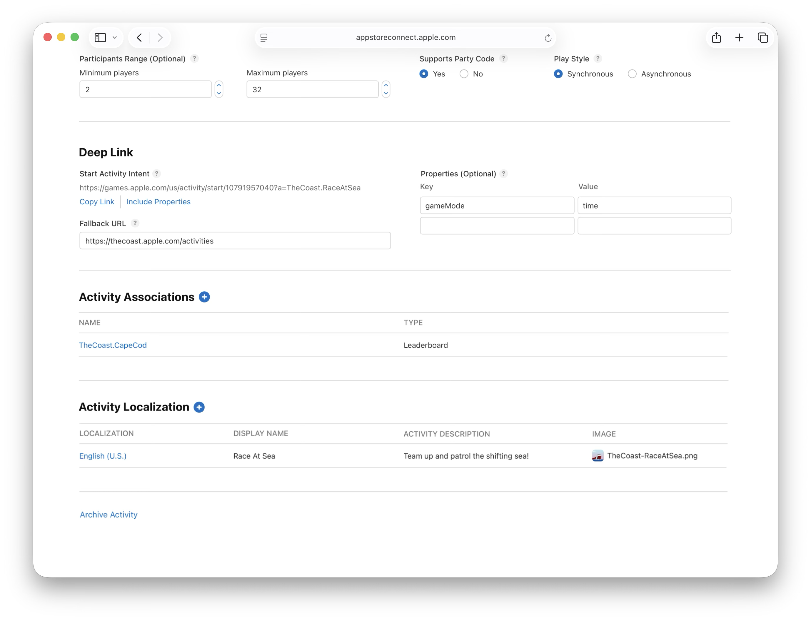 A screenshot of the activity detail page for an activity, showing completed Deep Link, Activity Associations, and Activity Localization sections.