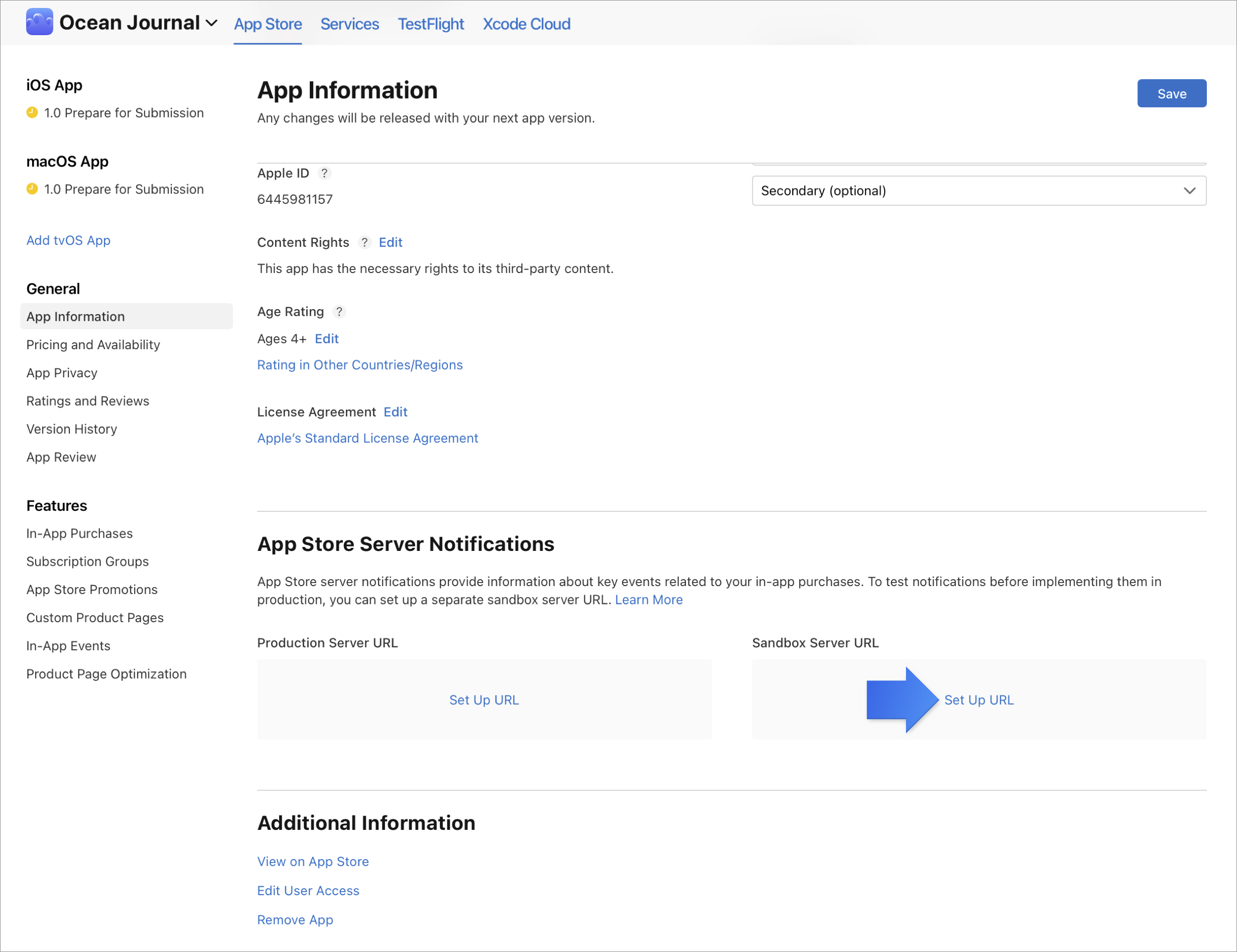 「アプリ情報」ページの「App Storeサーバ通知」セクションのスクリーンショット。矢印が「SandboxサーバURL」の「URLを設定」リンクを指している。