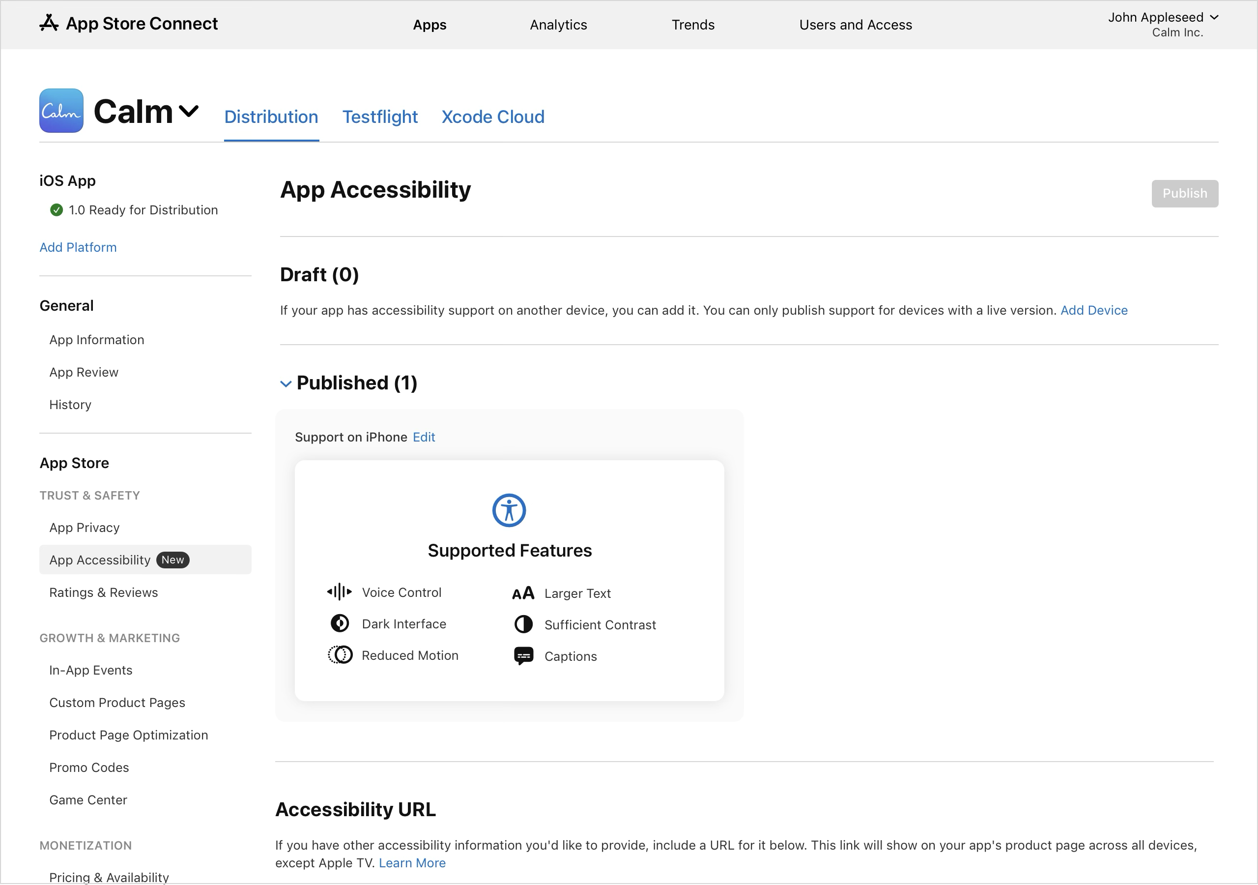 Screenshot of the "App Accessibility" page shows "Published (1)" and "Draft (0)." Under "Published (1)", support for iPhone is indicated. The listed features include Voice Control, Larger Text, Dark Interface, Sufficient Contrast, Reduced Motion, and Captions. There is an "Edit" link next to the "Support on iPhone" label. At the bottom of the page, there's a section for the "Accessibility URL," where additional accessibility information can be provided. A non-interactive "Publish" button is present at the top right of the screen.