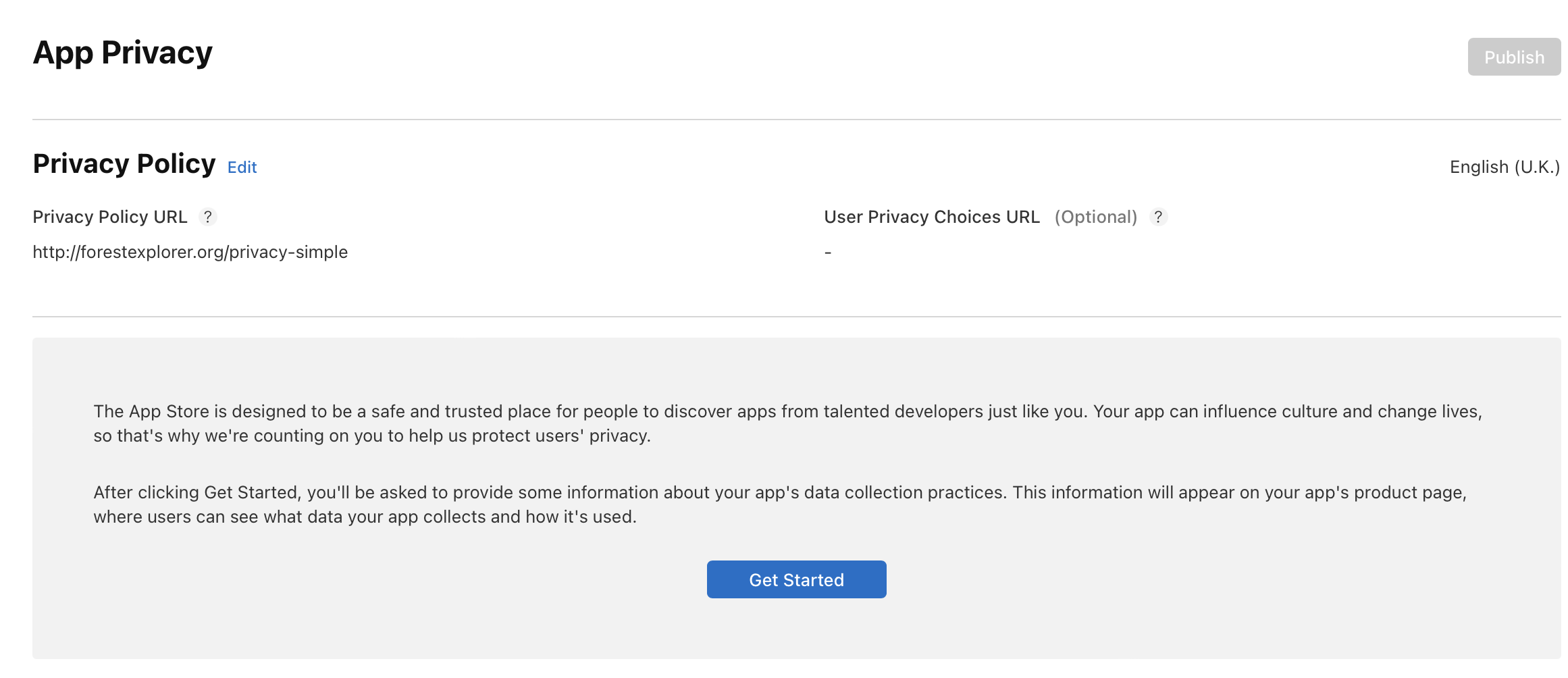 “앱이 수집하는 개인정보” 페이지의 “시작하기” 버튼이 있는 “개인정보 처리방침” 섹션을 보여주는 이미지입니다.