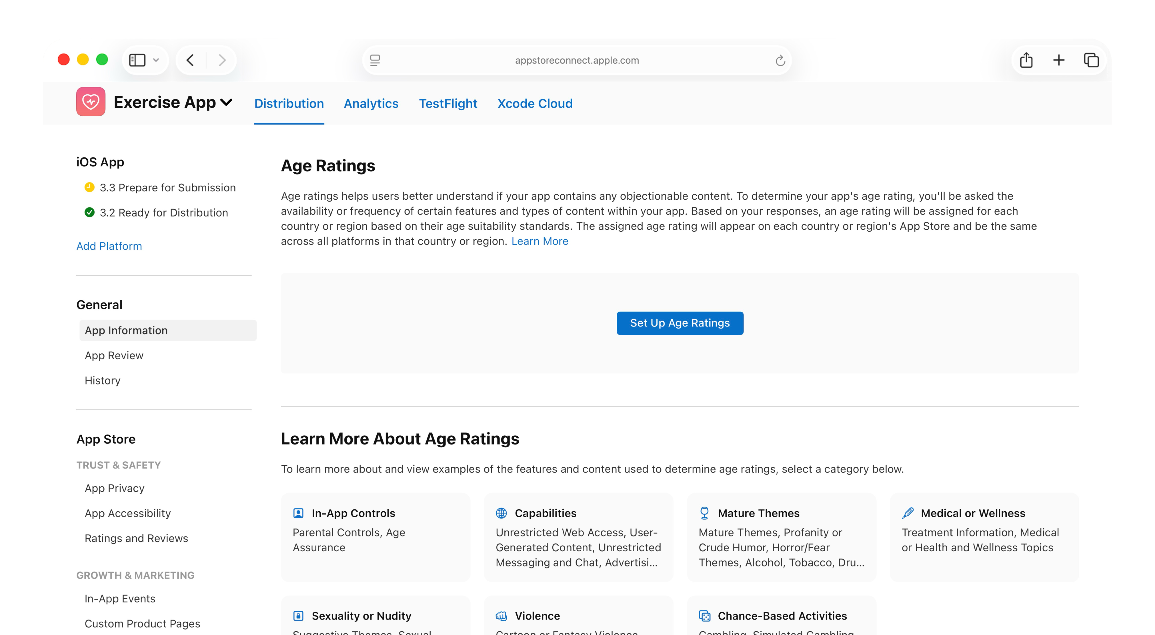 A screenshot of App Information page, showing the 'Set Up Age Ratings' button in the Age Ratings section.