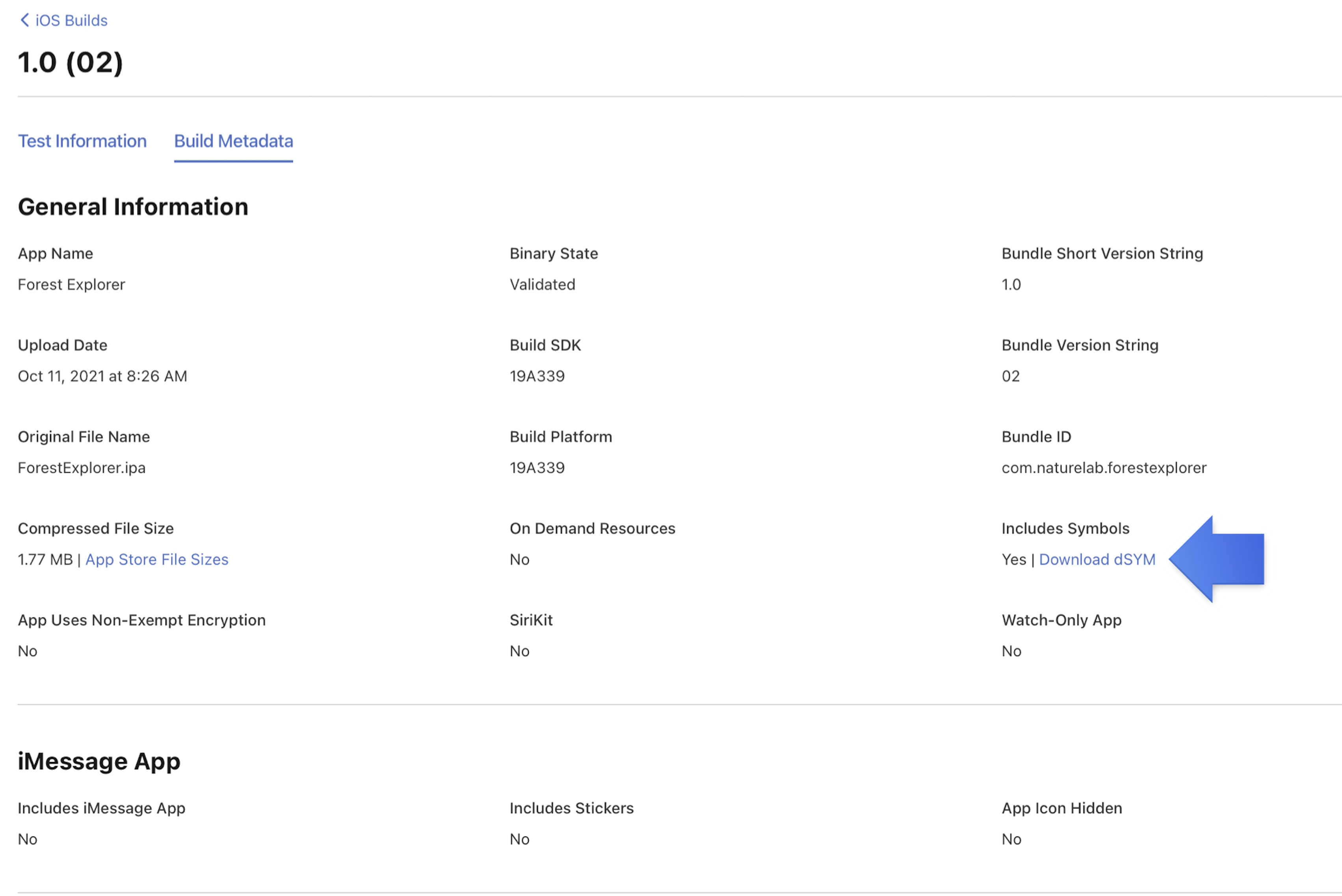 Screenshot of General Information section on the iOS Build Metadata page which features a pointer image pointing the Download dSYM link under Includes Symbols.
