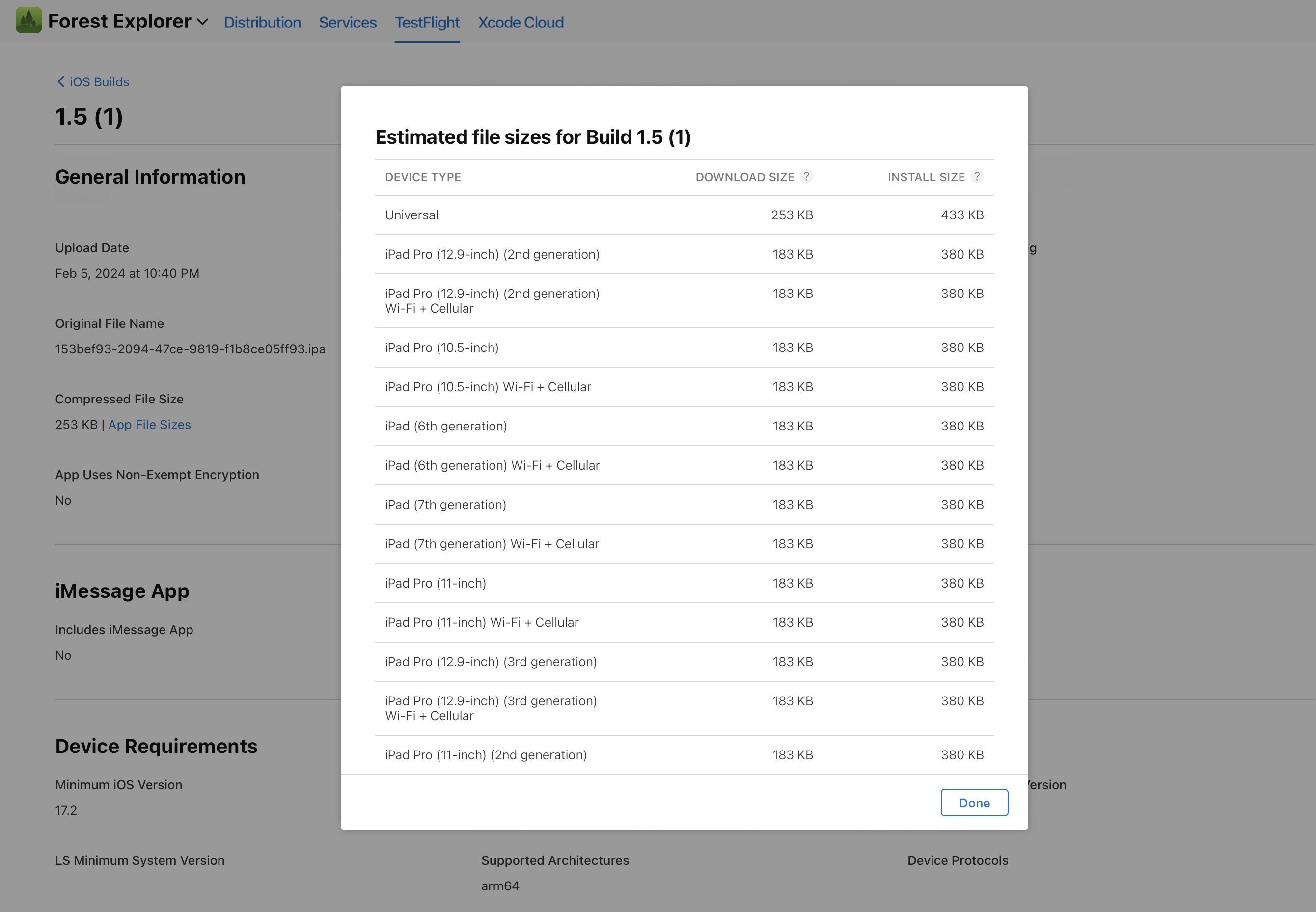 Screenshot of a table displaying estimated app file sizes for various device types, including download and install sizes.