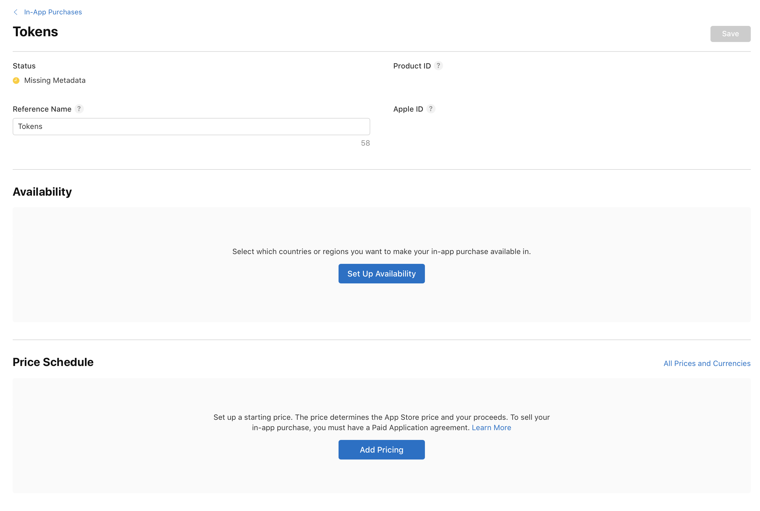 截屏为 App 内购买项目的设置页面。显示了产品 ID、Apple ID 字段，一个下拉菜单用于选择上架地区，以及“设置供应情况”和“添加定价”按钮。