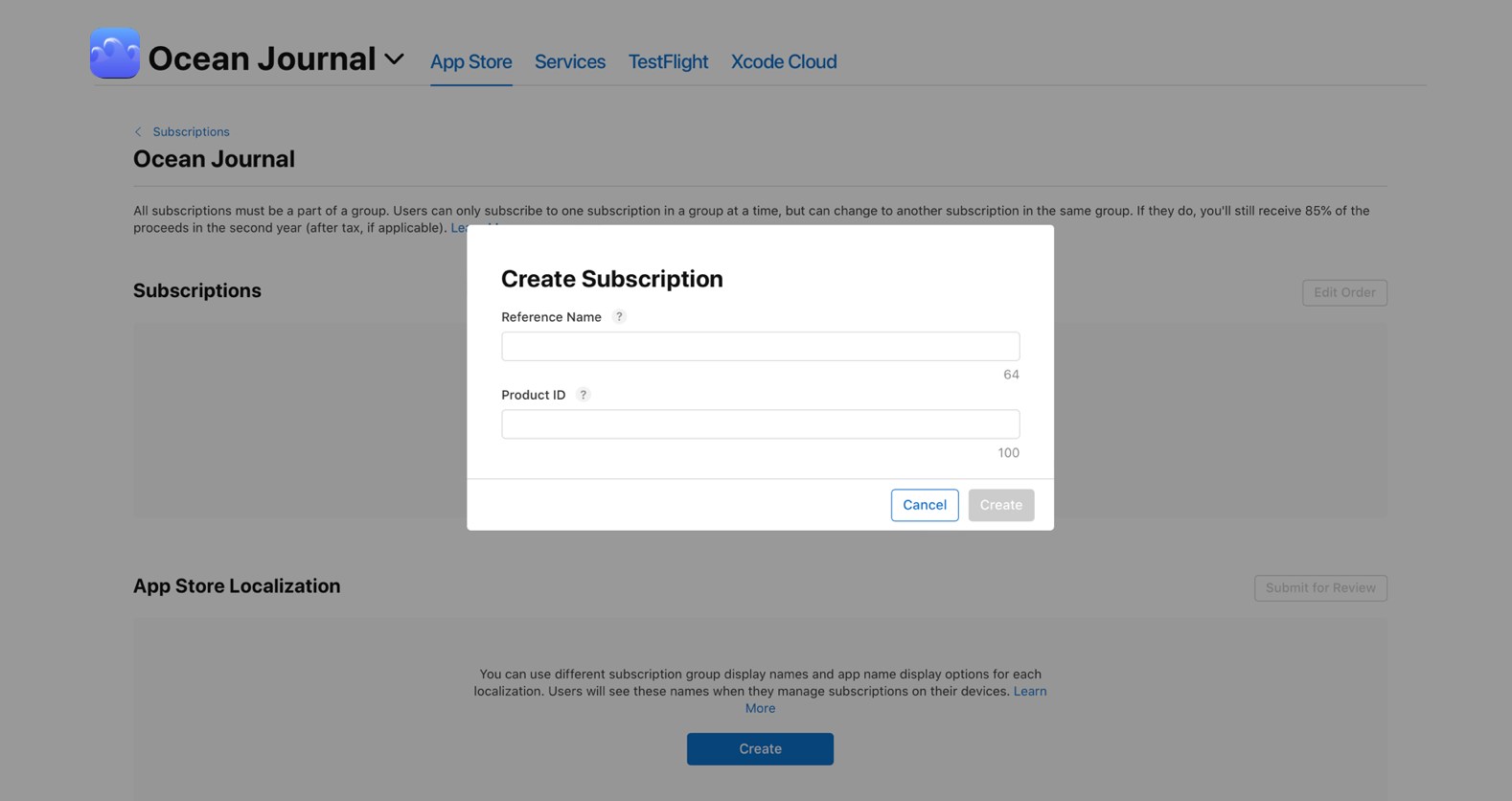 Screenshot of a Create Subscription pop-up window. There are fields to enter a reference name and product ID. Buttons for navigation include Cancel and Create.