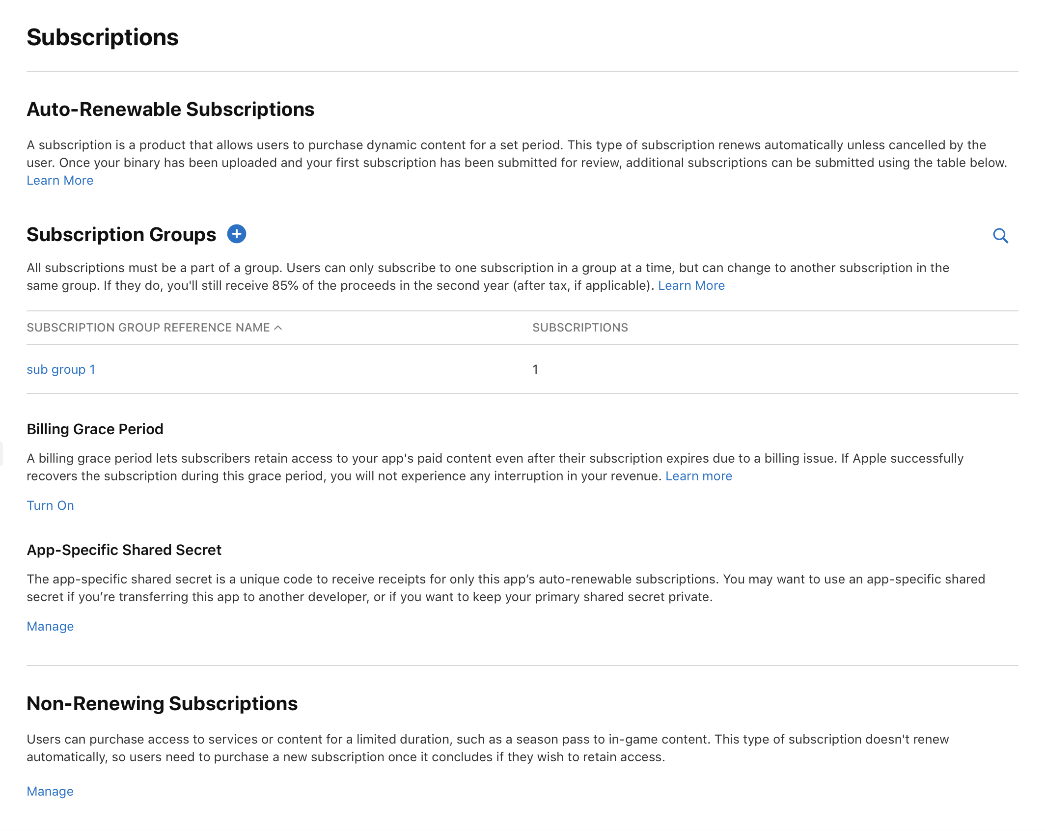Screenshot of Subscriptions page.  Subscription Groups section displays a plus (+) button for adding new groups. A single subscription group is currently listed in the section.