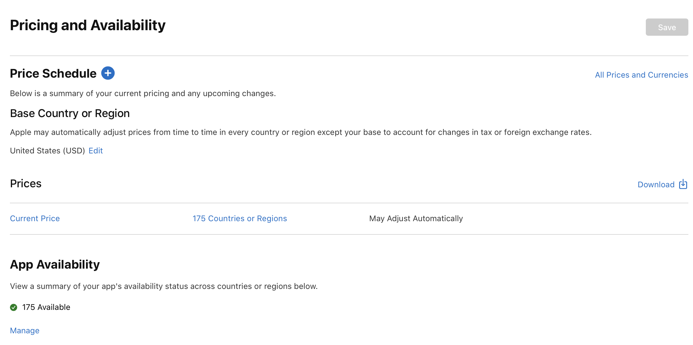 「価格および配信状況」ページのスクリーンショット。「アプリの配信状況」セクションに「管理」リンクが表示されています。