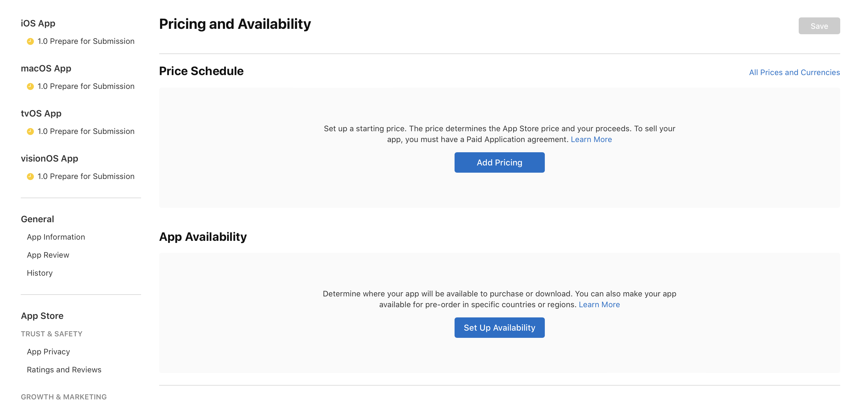Screenshot of the Pricing and Availability page, where the App Availability section has the Set Up Availability button.
