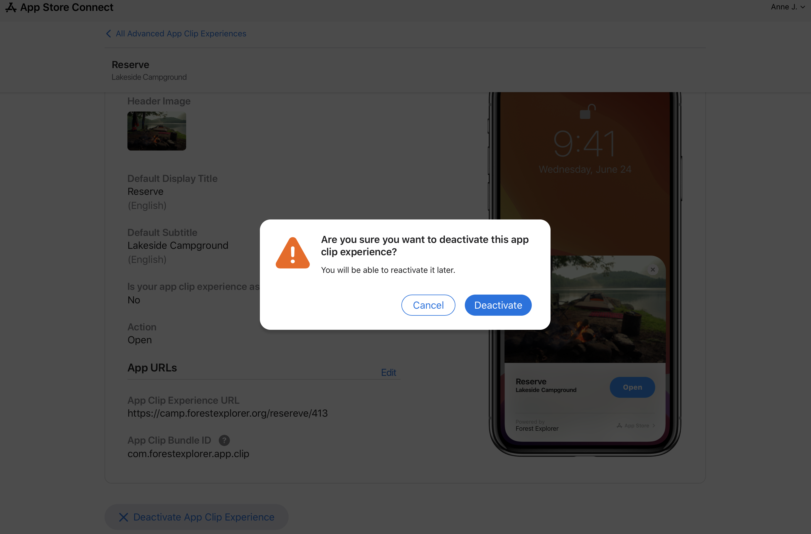 Screenshot of the confirmation to deactivate the App Clip.