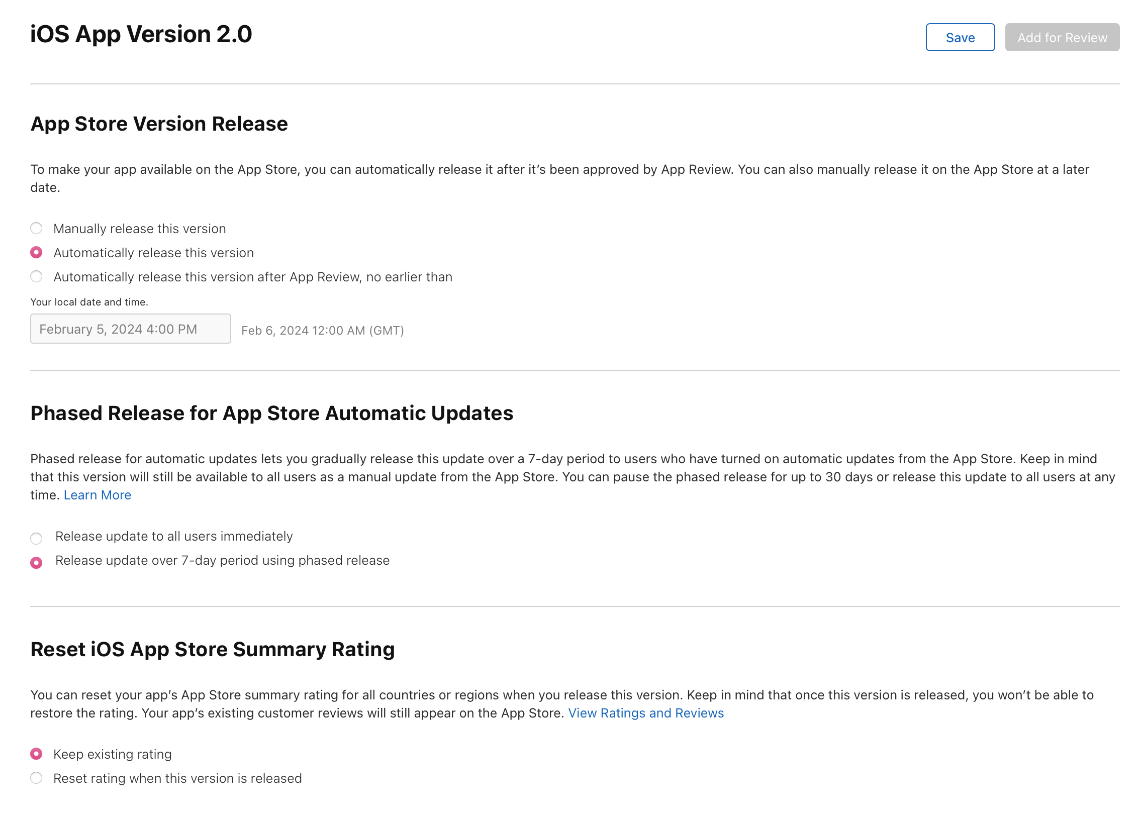 Screenshot of the app version detail page, where there are two options under Phased Release for Automatic Update section: "Release update to all users immediately" and "Release update over 7-day period using phased release". The "Release update over 7-day period using phased release" option is selected.