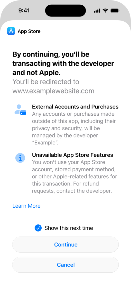 iPhone screen showing system-provided disclosure sheet for external website payment processing